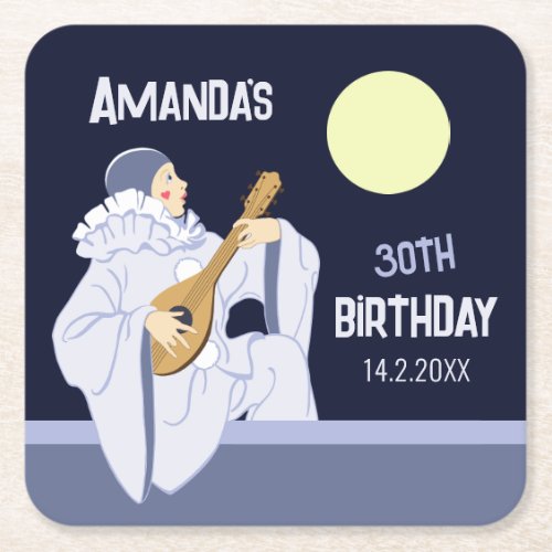 Sweet clown Pierrot playing lute CC1270 birthday Square Paper Coaster