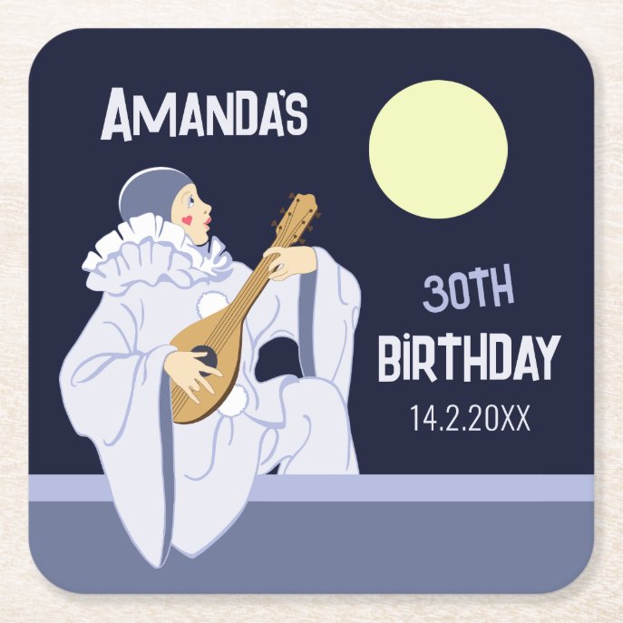 Sweet clown (Pierrot) playing lute CC1270 birthday Square Paper Coaster