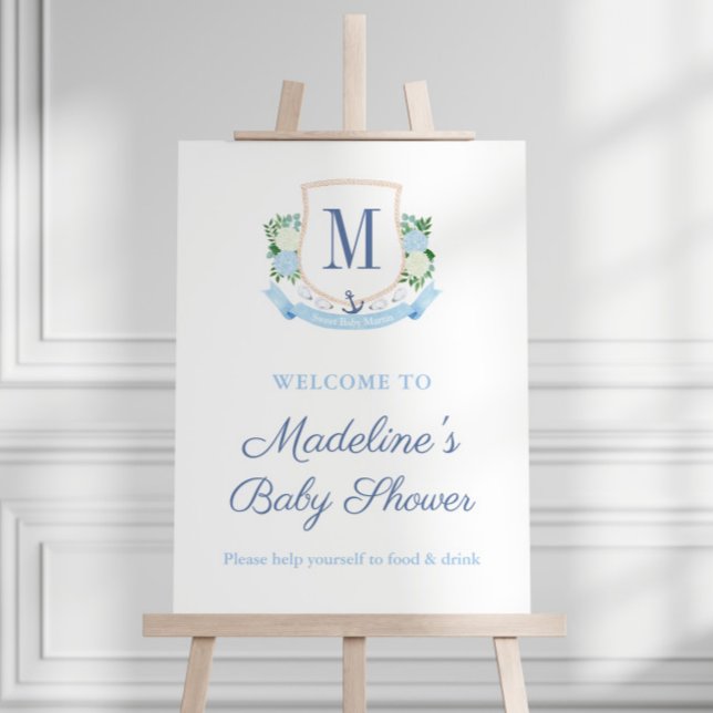 Sweet Coastal Monogram Baby Boy Shower Welcome Foam Board (Elegant blue and white coastal monogram crest welcome sign for baby shower to welcome a little boy)