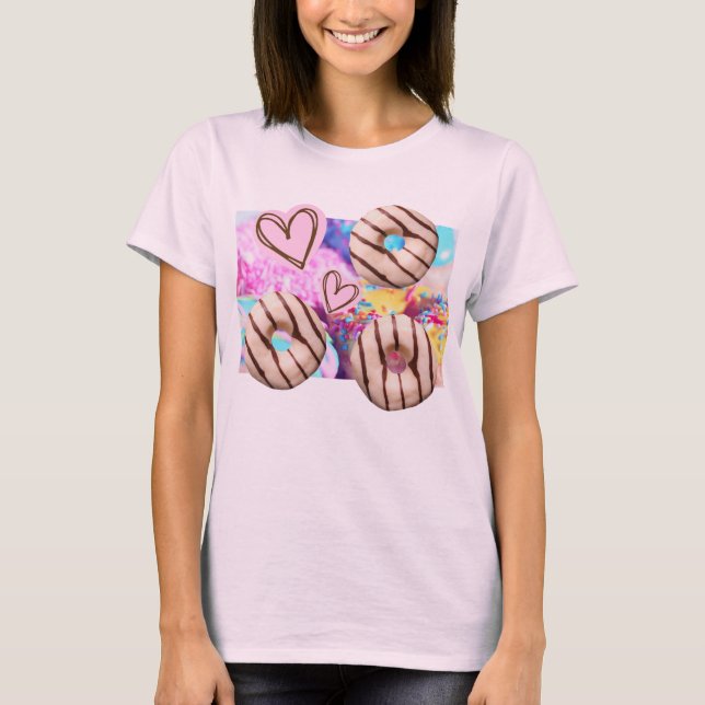 Sweet, Colorful, Fun Rainbow Donut Ladies T-Shirt (Front)