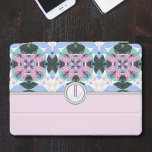 Sweet colorful geometric pattern monogrammed  iPad pro cover<br><div class="desc">A beautiful geometric pattern with sweet colors (blue,  pink,  white and green) for the upper half of this iPad case.
The lower half remain light pink to give a space sensation. In the middle in a metallic like circle is your monogram,  written in very chic interlaced letters.</div>