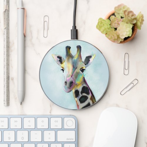 Sweet Colorful Giraffe Portrait Painting Wireless Charger