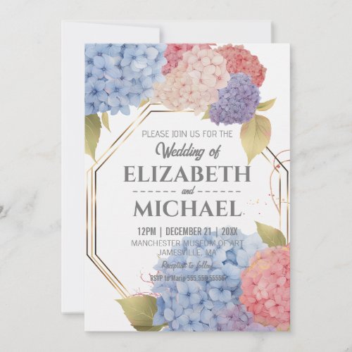 Sweet Colorful Hydrangea Blooms Wedding Gold Frame Invitation