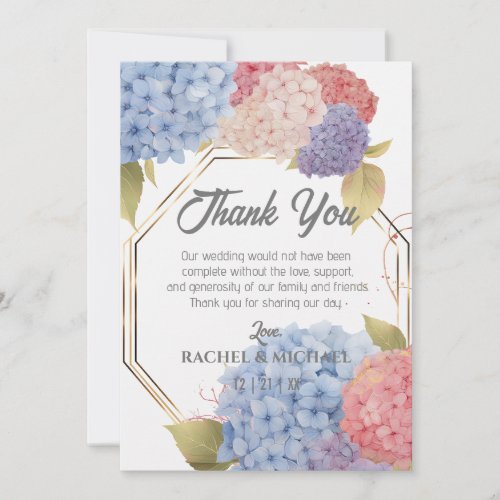 Sweet Colorful Hydrangea Blooms Wedding Gold Frame Thank You Card