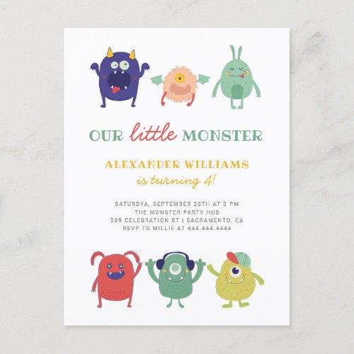 Sweet Colorful Little Monster Kids Birthday Invitation Postcard