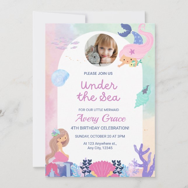 Sweet & Colorful Mermaid Theme Birthday Invitation (Front)