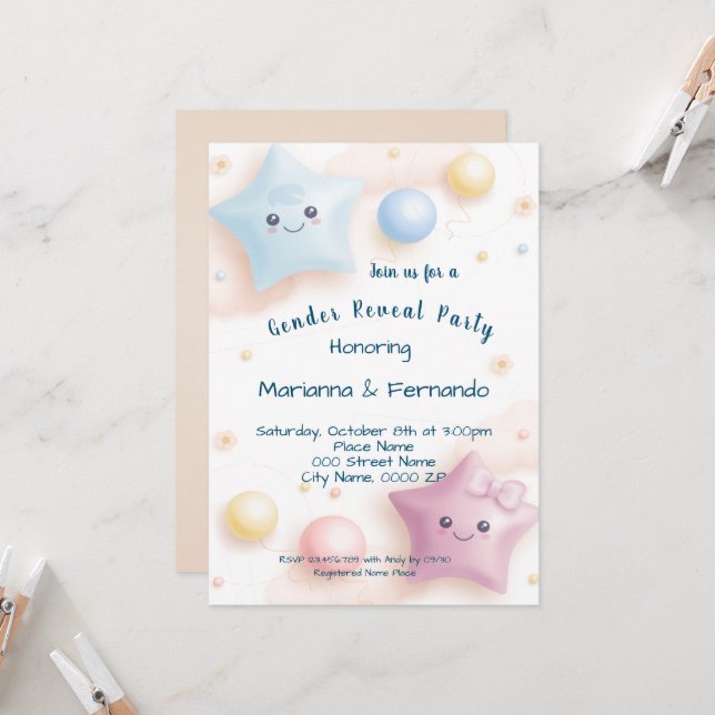 Sweet Colorful Stars Gender Reveal Party Invitation (Front/Back In Situ)