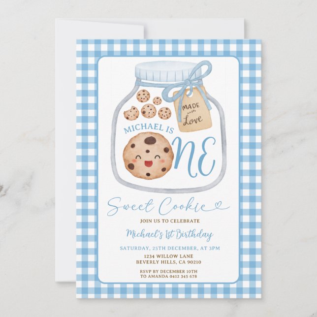 Sweet Cookie Boy First Birthday Blue Gingham Jar Invitation (Front)