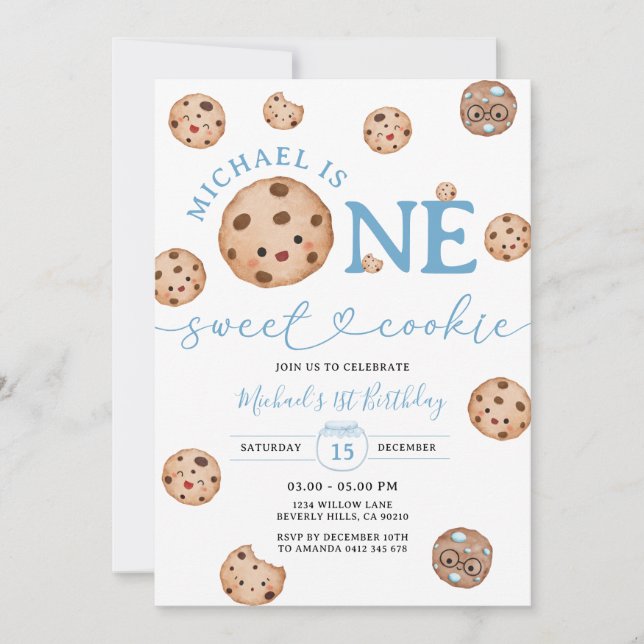 Sweet Cookie Boy First Birthday Blue Gingham Jar Invitation (Front)