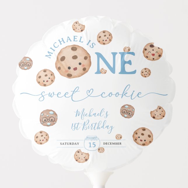 Sweet Cookie First Birthday Blue Gingham Welcome Balloon (Front)