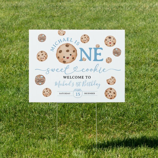 Sweet Cookie First Birthday Blue Gingham Welcome  Sign (Insitu)