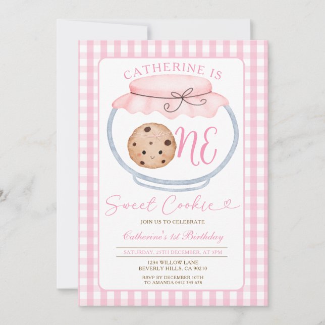 Sweet Cookie Girl First Birthday Pink Gingham Jar Invitation (Front)
