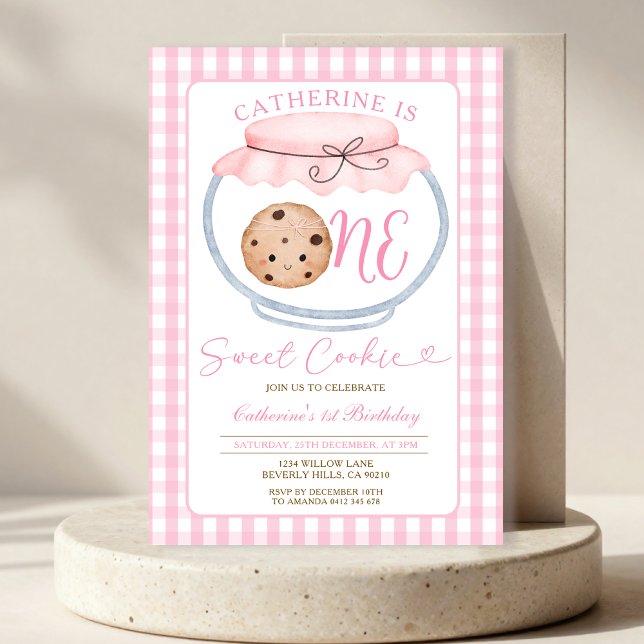 Sweet Cookie Girl First Birthday Pink Gingham Jar Invitation (Creator Uploaded)