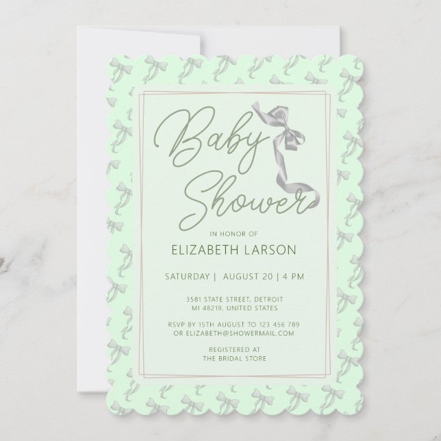 Sweet Coquette Green Bow Tie Elegant Baby Shower Invitation (Front)
