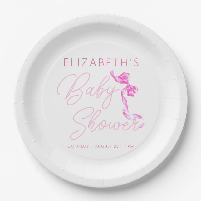 Sweet Coquette Pink Bow Tie Elegant Baby Shower Paper Plates (Front)