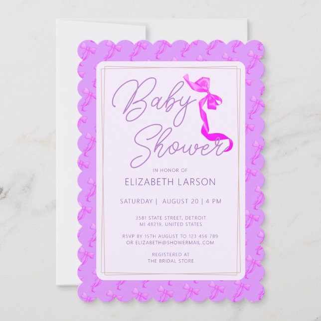Sweet Coquette Purple Bow Tie Elegant Baby Shower Invitation (Front)