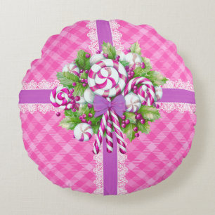 Sweet Cottage Pink and Purple Round Pillow