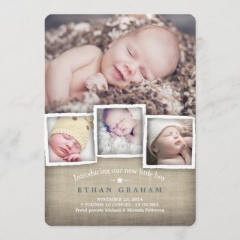 Sweet Country Burlap Baby Boy Birth Announcement by kat_parrella at Zazzle