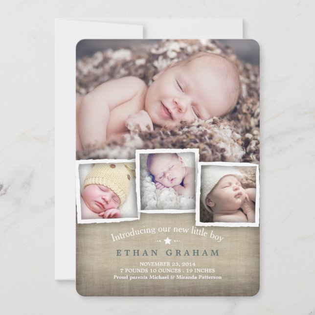 Sweet Country Burlap Baby Boy Birth Announcement (Front)