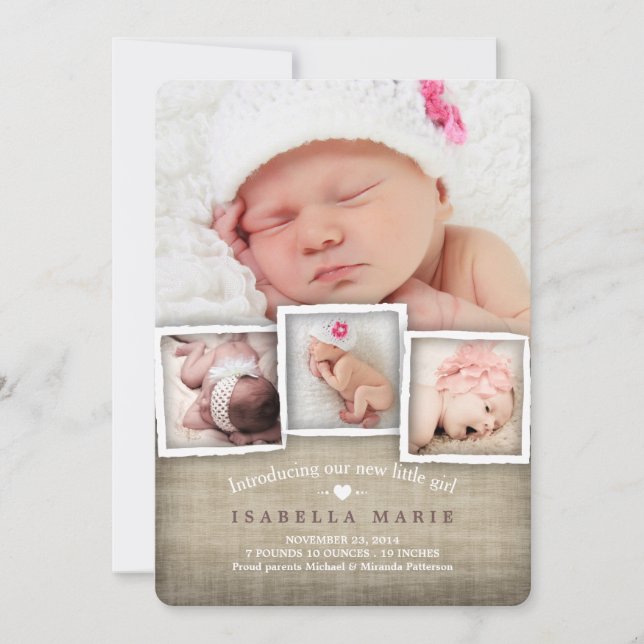 Sweet Country Burlap Baby Girl Birth Announcement (Front)
