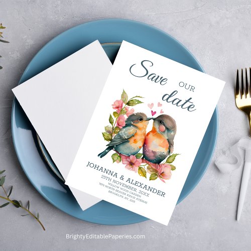 Sweet Couple Lovebirds Watercolor Wedding  Save The Date