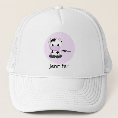 Sweet cow cartoon on pink name girly hat