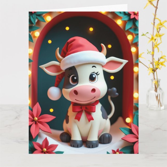 Sweet Cow with Santa Hat in Snowy Stable Scene Card (Yellow Flower)