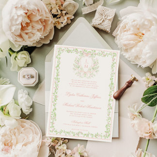 Sweet Crest w/ Blush Pink Bow | Monogram Wedding Invitation