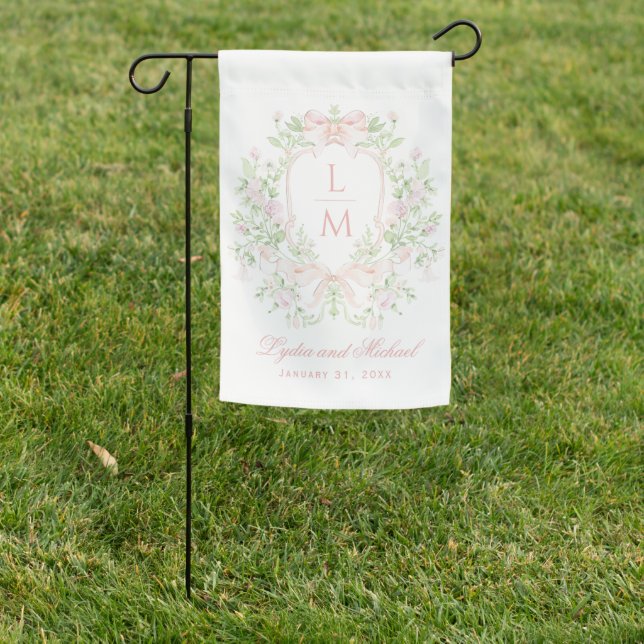 Sweet Crest w/ Blush Pink Bow Wedding Welcome Garden Flag (In SItu)