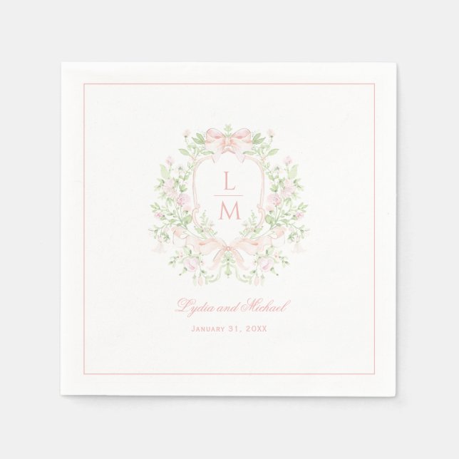 Sweet Crest w/ Blush Pink Bows | Monogram Wedding Napkins (Front)