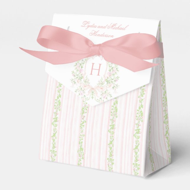 Sweet Crest w/ Blush Pink Bows | Wedding Favor Boxes (Front Side)