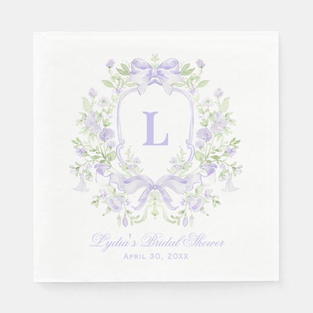 Sweet Crest w/ Lavender bow Monogram Bridal Shower Napkins (Front)