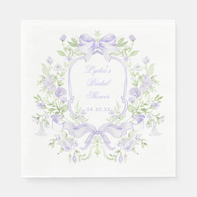 Sweet Crest w/ Lavender Bows | Bridal Shower Napkins (Front)