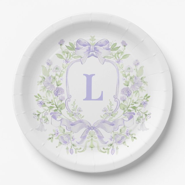 Sweet Crest w/ Lavender Bows | Bridal Shower Paper Plates (Front)