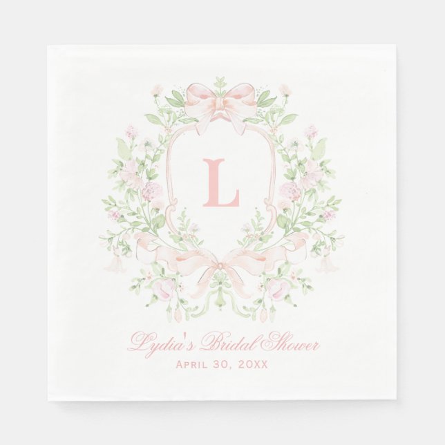 Sweet Crest w/ Pink Bows | Monogram Bridal Shower Napkins (Front)