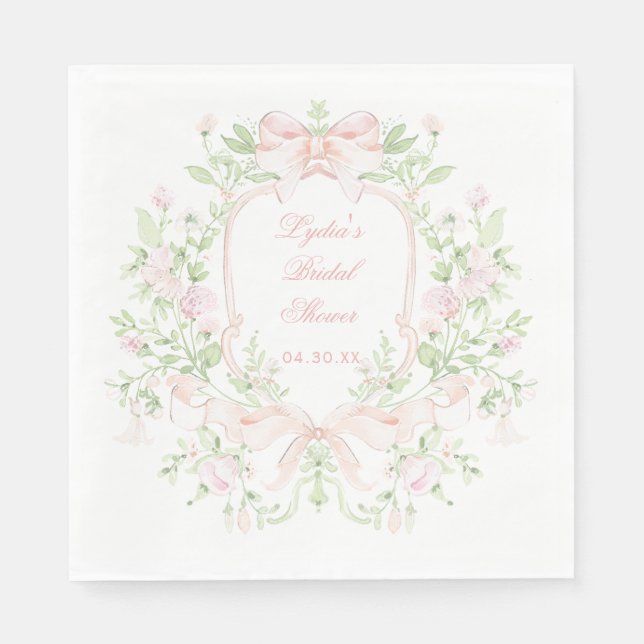 Sweet Crest w/ Pink Bows | Monogram Bridal Shower Napkins (Front)
