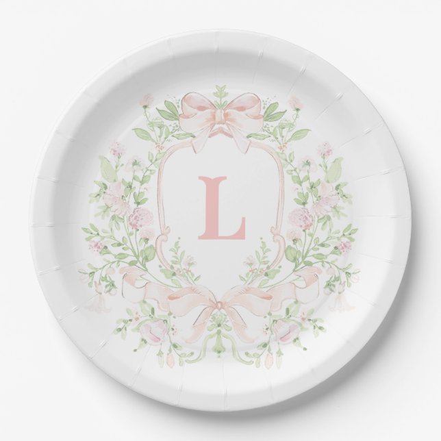 Sweet Crest w/ Pink Bows | Monogram Bridal Shower Paper Plates (Front)