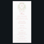 Sweet Crest w/ Pink Bows | Monogram Wedding  Menu<br><div class="desc">The elegant watercolor monogram crest gives this wedding menu a beautiful and timeless look that any sophisticated bride will love.   Personalize with your initial inside the crest. All text can be edited

Colors include,  light pink and green.</div>