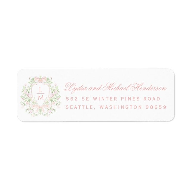 Sweet Crest with Pink Bows Wedding Return Address Label (Front)