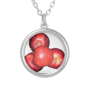 Sweet & Crisp Red Apples - Organic Fruit Print Silver Plated Necklace