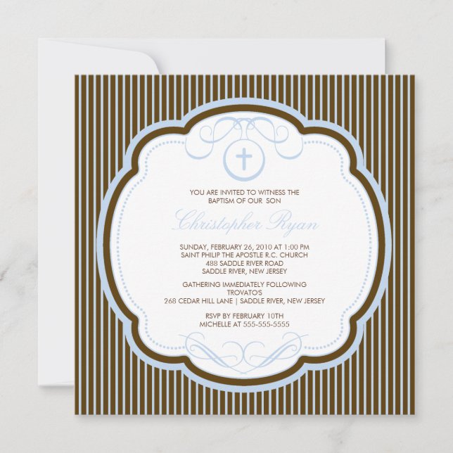 Sweet Cross Blue & Brown Boy Baptism Inviation Invitation (Front)