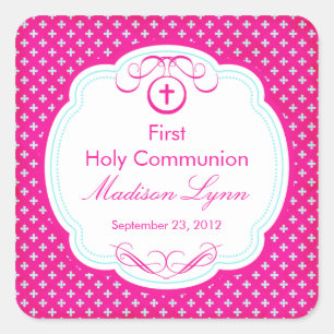 Sweet Cross In Frame First Holy Communion Pink Square Sticker