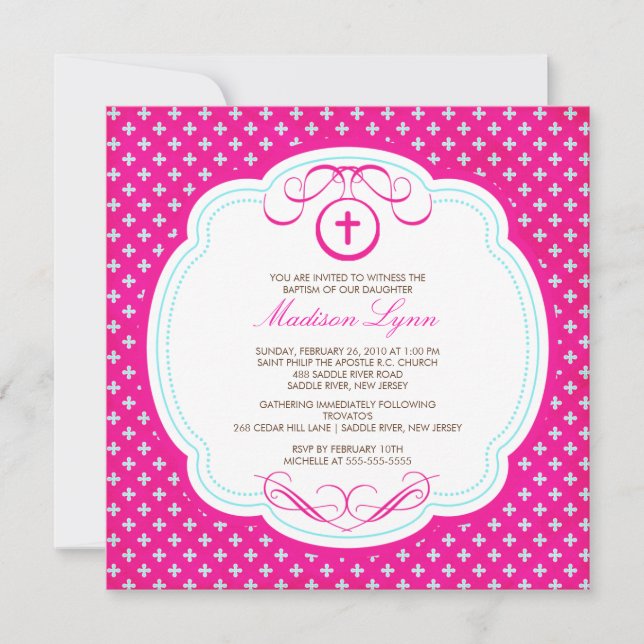Sweet Cross Pink Baby Girl Baptism Invitation (Front)