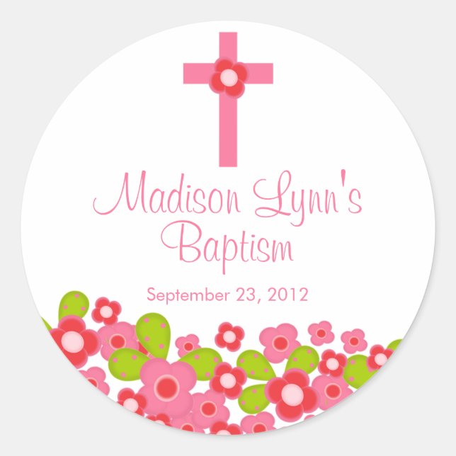 Sweet Cross Pink Floral Baptism Favor Seal (Front)