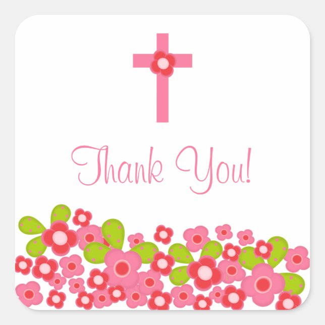 Sweet Cross Pink Floral Baptism Favor Seal (Front)