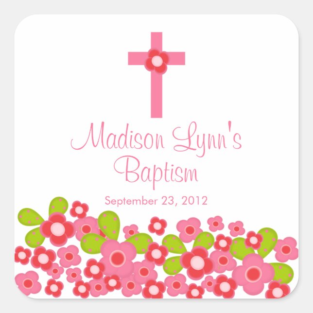 Sweet Cross Pink Floral Baptism Favor Seal (Front)