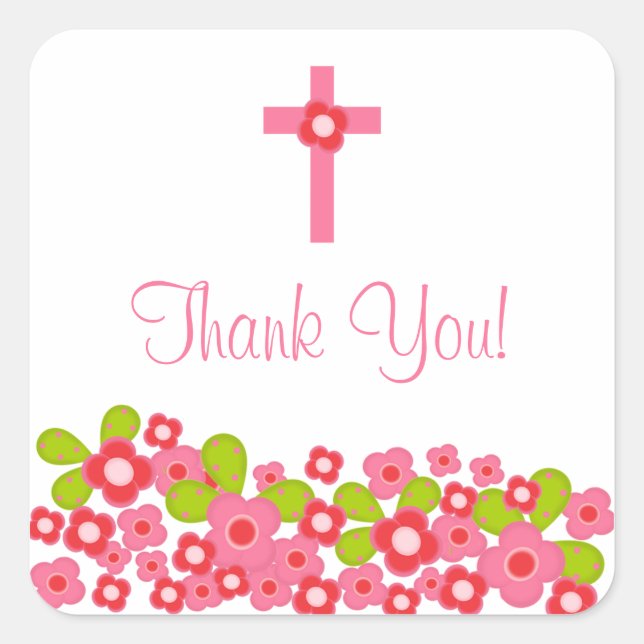 Sweet Cross Pink Floral First Holy Communion Square Sticker (Front)