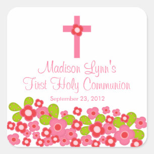 Sweet Cross Pink Floral First Holy Communion Square Sticker