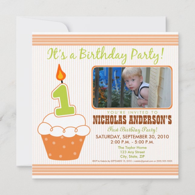 Sweet Cupcake 1st Birthday Party Invitation Orange (Front)