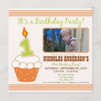 Sweet Cupcake 1st Birthday Party Invitation Orange